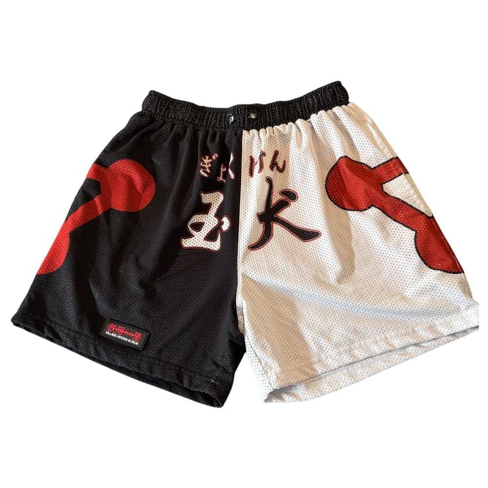 Village Hidden In Iron Mens Mesh Shorts M Black White Split Graphic Streetwear